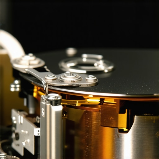Macro view of a hard drive platter and actuator arm illustrating mechanical complexity.