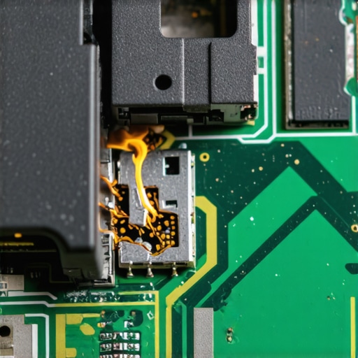 Close up of a damaged laptop DC jack with visible solder fatigue and thermal damage.