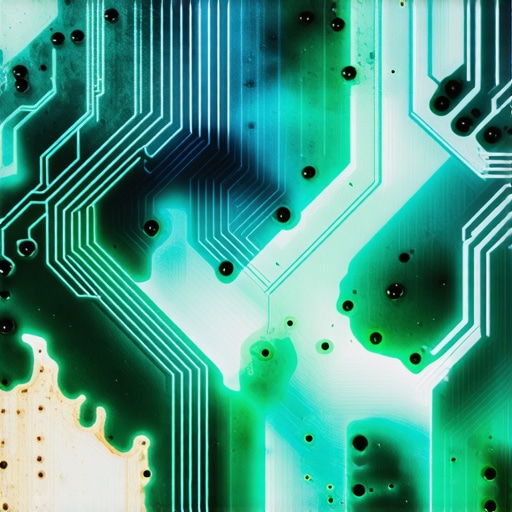 Close-up of motherboard corrosion from liquid damage