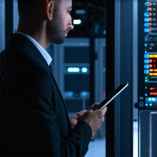 Professional IT expert monitoring server health and security in a data center.