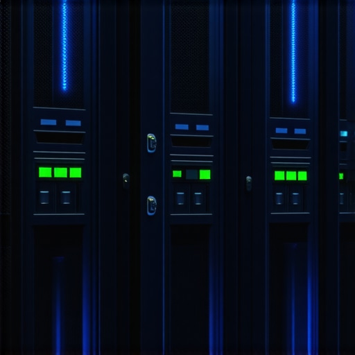 Close-up of a professional server rack with glowing status lights showing healthy network activity.