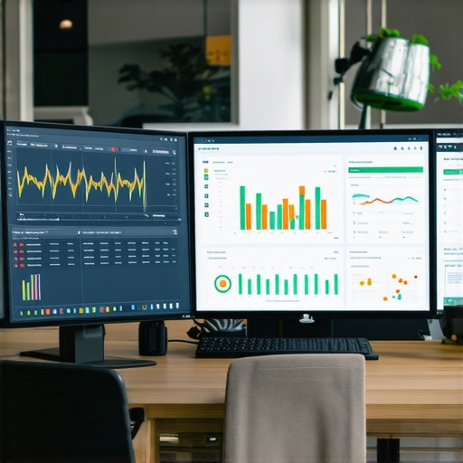 An IT professional's monitor displaying complex network traffic logs and threat detection analytics.