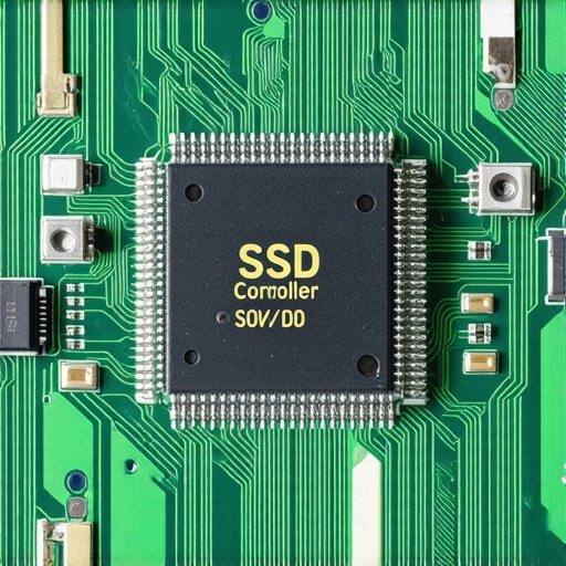 Close-up view of an SSD circuit board showing the controller chip and NAND flash storage