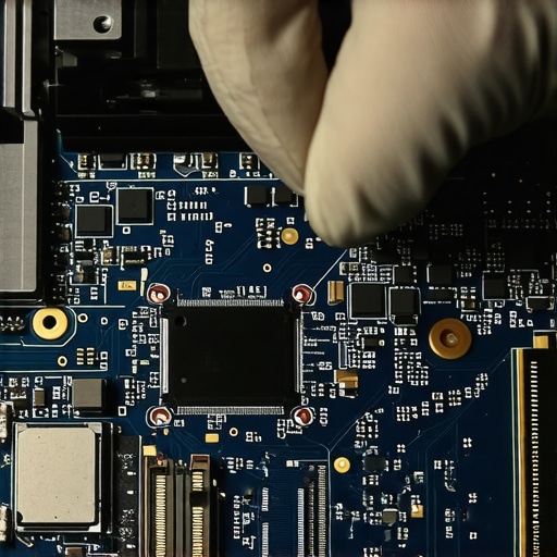 Close up of a solid state drive being inspected on a computer motherboard for data recovery purposes.