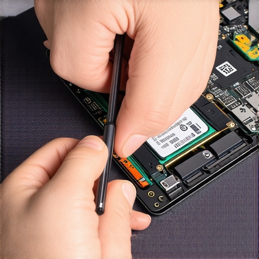 A technician removing the back cover of a laptop to access the internal hard drive.