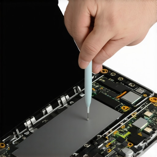 Technician using a pry tool to open a laptop screen frame
