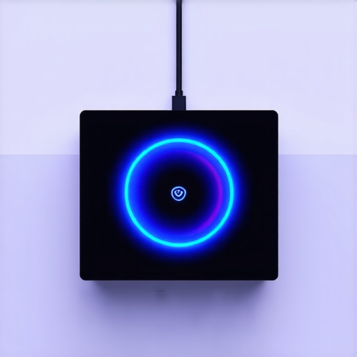 A modern router emitting blue 5GHz signal waves on an office desk.