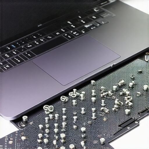 Close up of small laptop screws arranged on a magnetic repair mat.