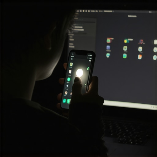 Performing a flashlight test on a dark laptop screen A person using a smartphone light to check for faint images on a dark laptop display to diagnose a backlight failure.
