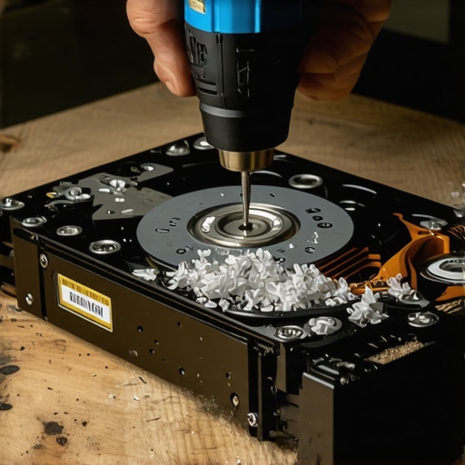 Technician drilling through a hard drive to ensure data cannot be recovered from a failing mechanical disk.