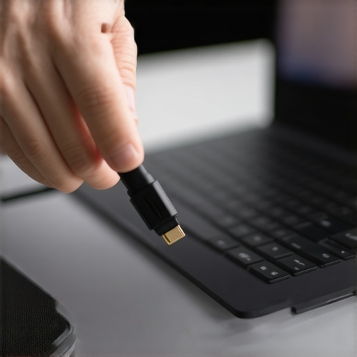 A hand inserting an HDMI cable into a laptop port to fix monitor freezing issues.