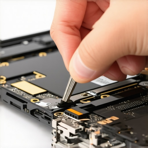 A close-up of a technician repairing a laptop screen ribbon cable to fix flickering issues.