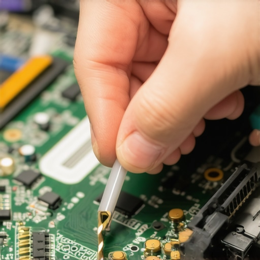 Close up of a technician carefully handling a delicate laptop internal video cable during repair.