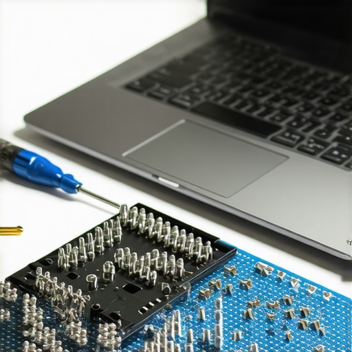 Close up of small laptop screws on a magnetic repair mat