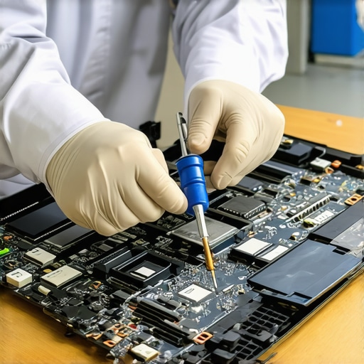 Technician cleaning a laptop motherboard on an anti-static mat with professional tools.