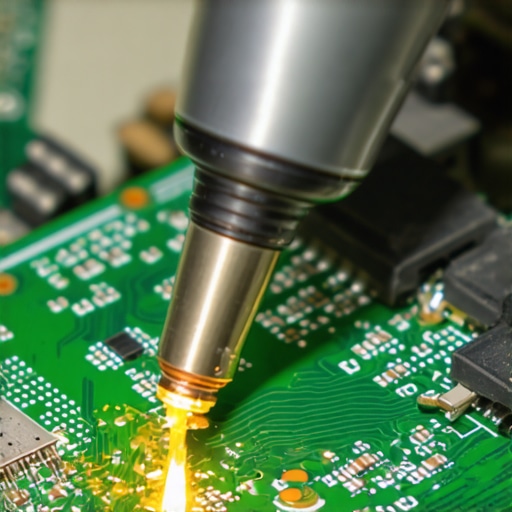 A close up of a soldering iron repairing a USB drive circuit board