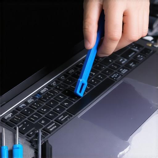 Precision Tools for Laptop Screen Repair Technician using a spudger to open a laptop screen bezel for repair.