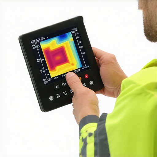 Technician performing a thermal scan on office hardware to identify overheating components before failure.