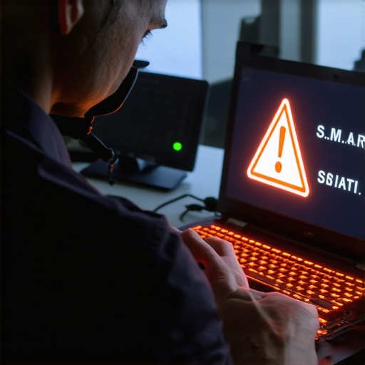 Technician inspecting laptop hardware while monitoring diagnostic error codes for data safety.