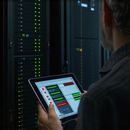 An IT professional using a tablet to monitor server storage health and alerts in a data center.