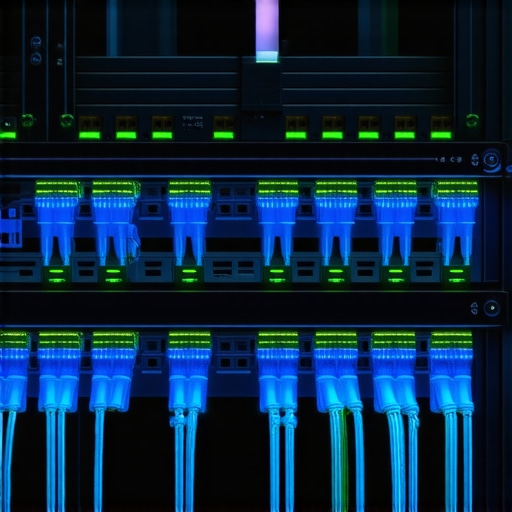 Professional Business Hardware Firewall Setup A high-end enterprise hardware firewall installed in a server rack with blue cables.