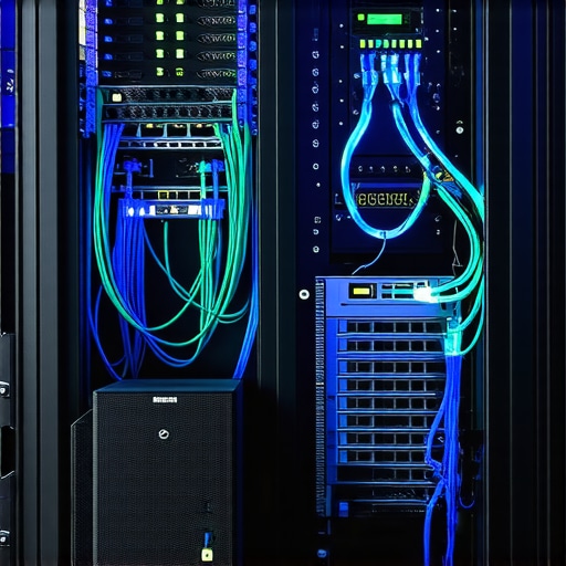 A structured business network rack with a router, switch, and battery backup unit for office reliability.