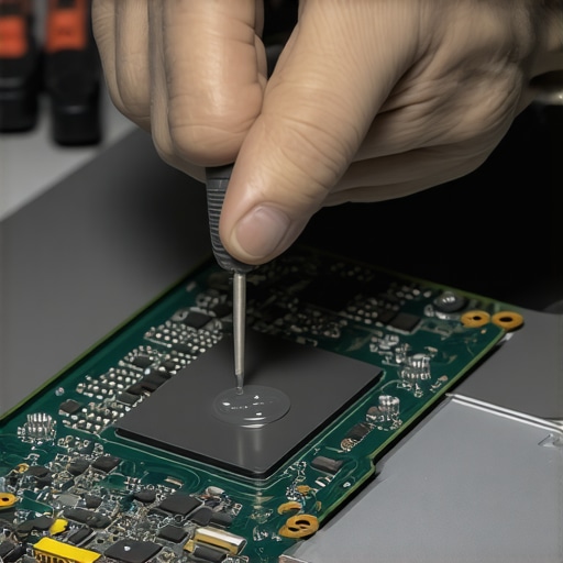 Technician applying thermal paste to a laptop processor to prevent overheating and maintain performance.