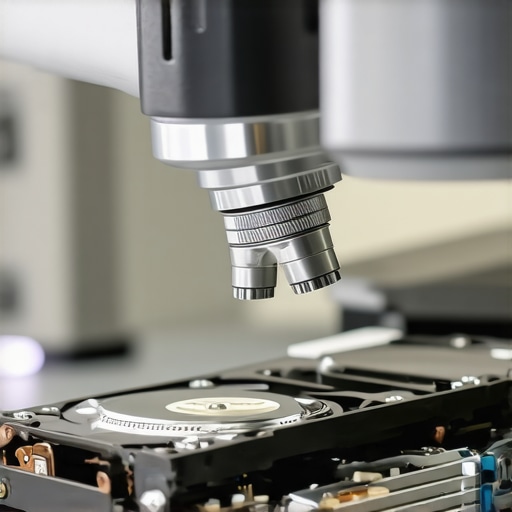 A technician inspecting an open hard drive platter under a microscope in a sterile cleanroom environment.