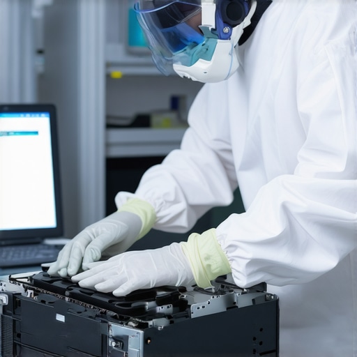 A technician performing expert data recovery on a damaged storage drive in a controlled environment.
