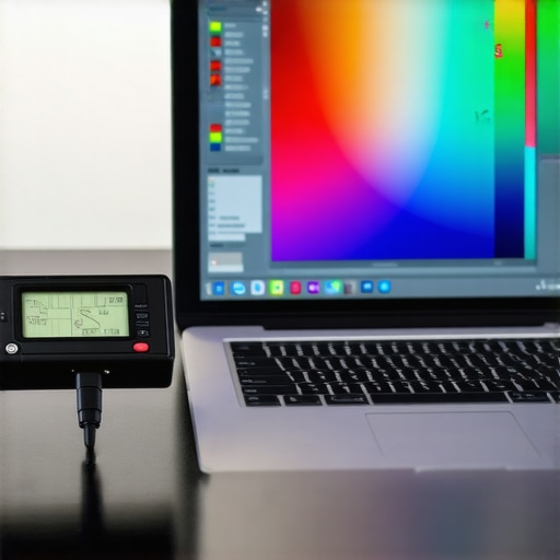 A colorimeter device performing hardware calibration on a laptop screen for color accuracy.