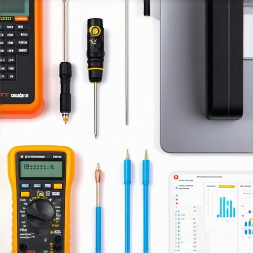 A well-organized tech workbench with diagnostic tools and a laptop showing hardware health metrics.