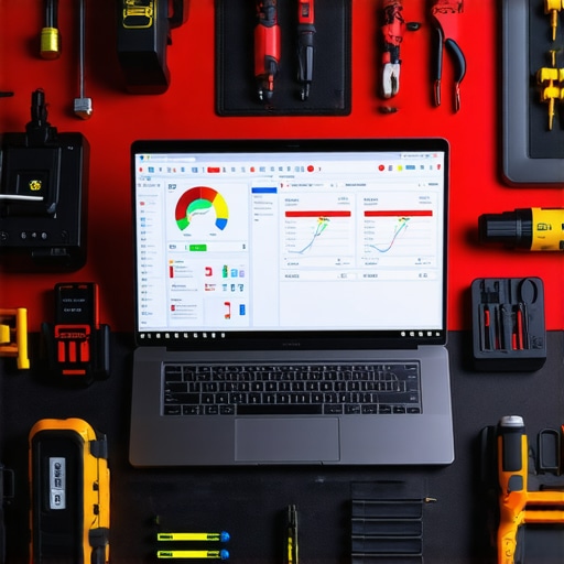 Hardware diagnostic tools and laptop repair setup on a professional workbench