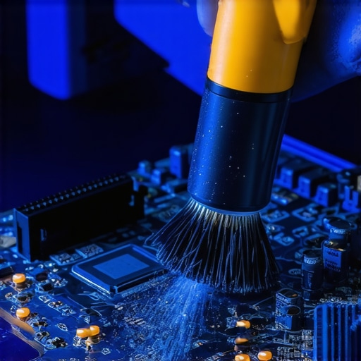 Technician cleaning a computer motherboard to prevent overheating and hardware failure