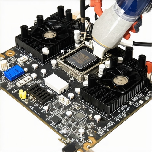 Technician cleaning a computer motherboard to prevent overheating and hardware failure.