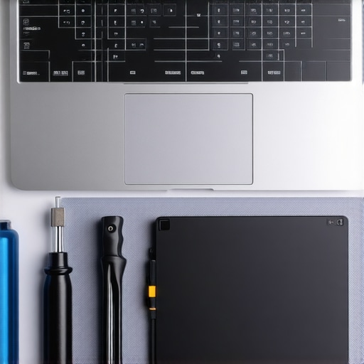 Tools used for maintaining and repairing a laptop including a screwdriver set and SSD.