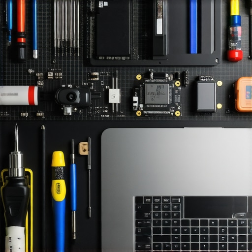 A detailed shot of professional computer repair tools and a disassembled laptop on a workbench.