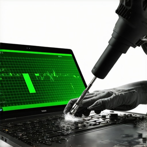 Technician performing maintenance on a business laptop with diagnostic software
