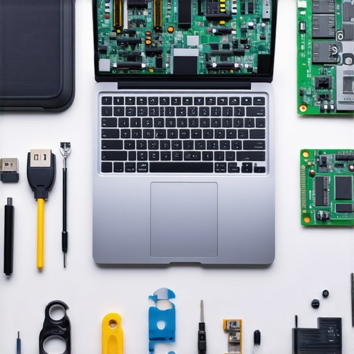 A precision repair kit and open laptop on an anti-static work mat for professional maintenance.