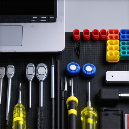 A collection of professional tools used for laptop and computer repair including spudgers and precision drivers.