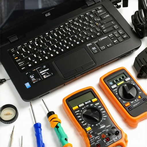 A collection of professional laptop repair tools and a multimeter used for diagnosing hardware issues.