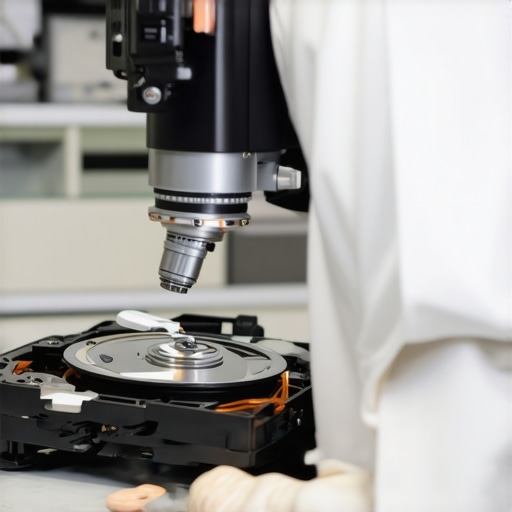 Data recovery specialist working on a hard drive in a sterile clean room