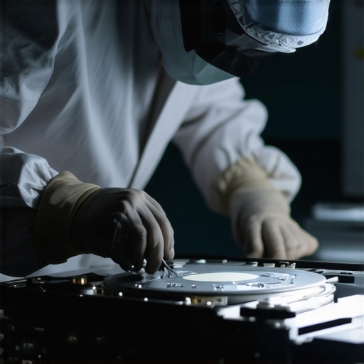 A technician working on a hard drive in a controlled data recovery environment