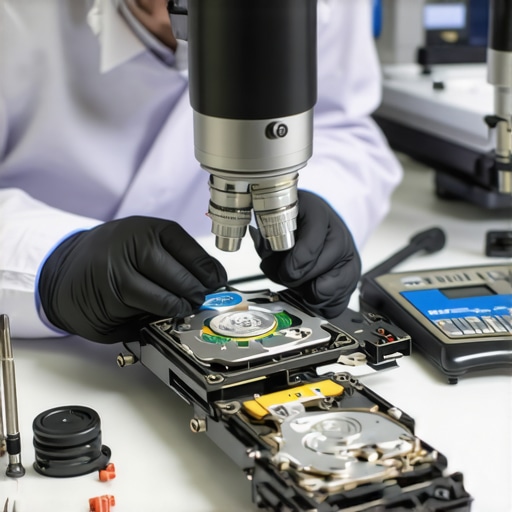 Technician performing physical data recovery on a hard drive in a specialized cleanroom environment.
