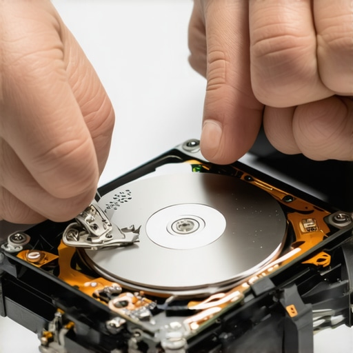 Technician inspecting a hard drive for physical damage after a motherboard failure.