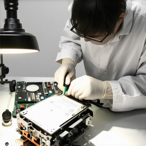 Technician inspecting a failed hard drive for physical damage in a laboratory setting