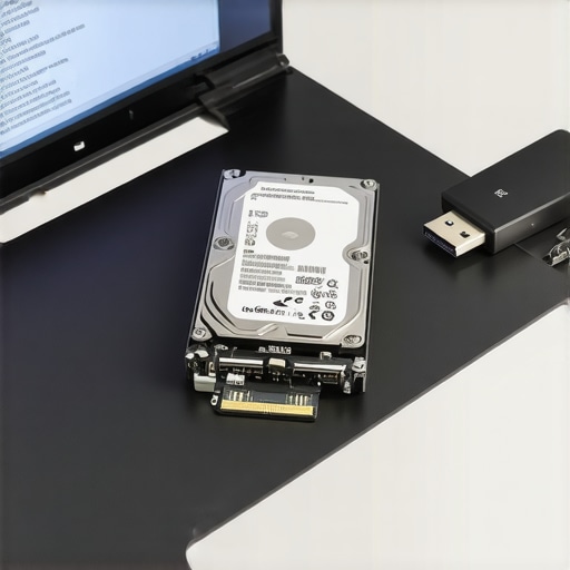 Professional Data Recovery Hardware Setup Close up of an internal hard drive connected to a laptop using a SATA adapter for data recovery purposes.