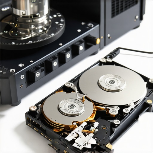 Close up of professional hardware imaging tool and hard drive platters in a recovery lab.