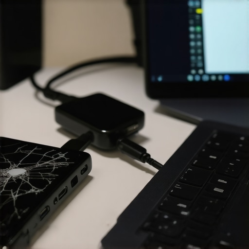 A technician using a USB-C hub and external monitor to recover data from a smartphone with a broken screen.