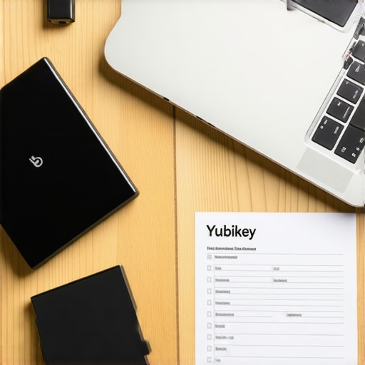 A desk showing an encrypted hard drive, YubiKey, and printed recovery keys for data security maintenance.