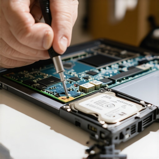Technician repairing a laptop and checking an external hard drive for data recovery.